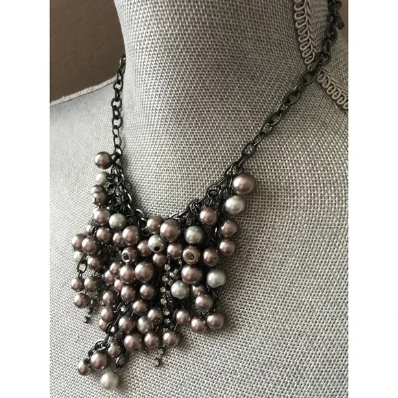 Gray & Brown Faux Pearls & Rhinestones Chain Fringe Necklace Adjustable 17"-20" - Picture 4 of 4